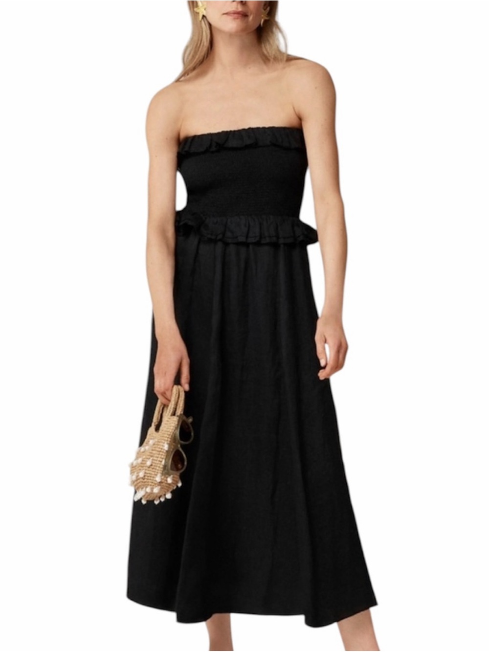 J.CREW Ruffle Smocked Strapless Ravenna Ramie Maxi Dress